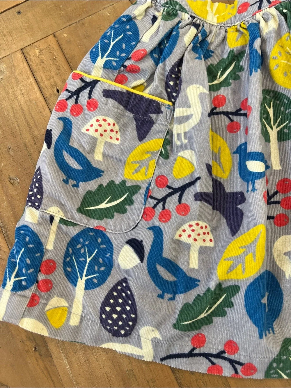 Mini Boden fall woodland print corduroy skirt 6-7 years birds mushroom acorns